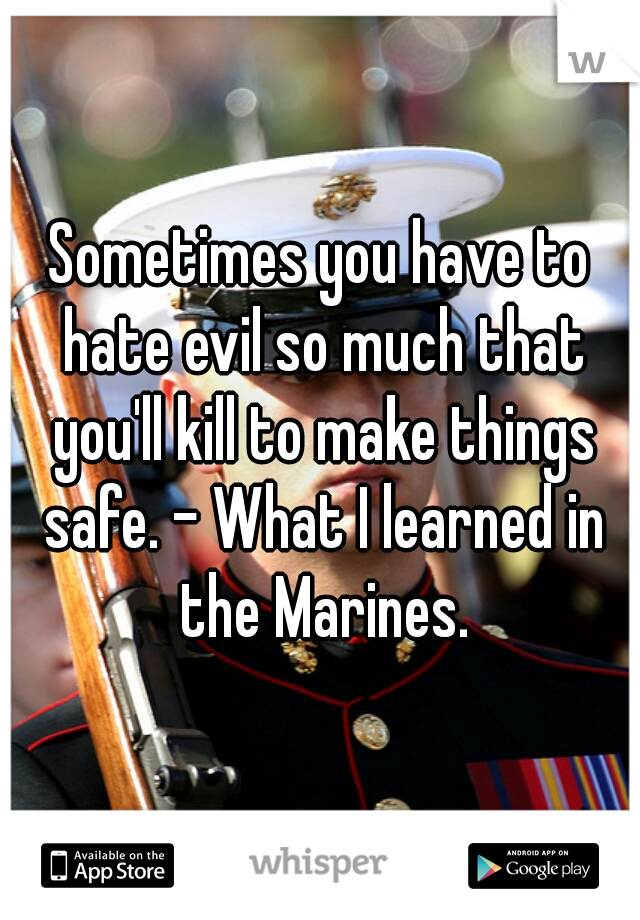 Sometimes you have to hate evil so much that you'll kill to make things safe. - What I learned in the Marines.