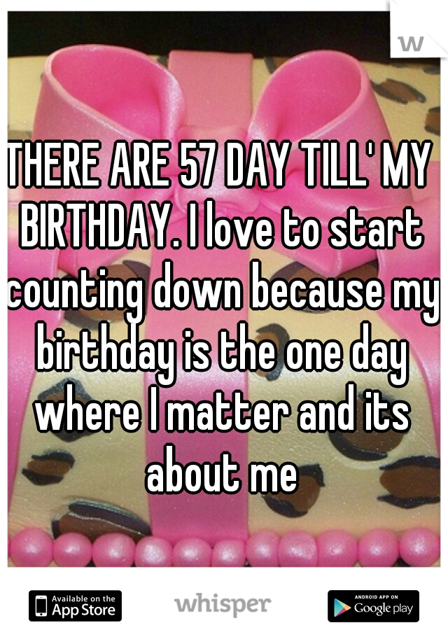 THERE ARE 57 DAY TILL' MY BIRTHDAY. I love to start counting down because my birthday is the one day where I matter and its about me