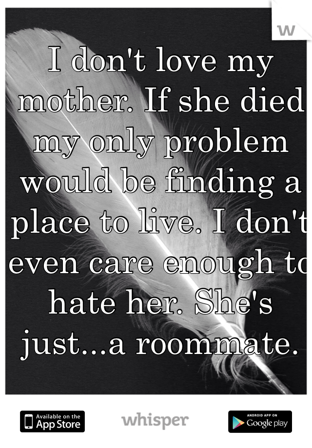 I don't love my mother. If she died my only problem would be finding a place to live. I don't even care enough to hate her. She's just...a roommate.
