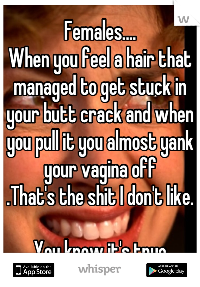 Females....
When you feel a hair that managed to get stuck in your butt crack and when you pull it you almost yank your vagina off
.That's the shit I don't like.

You know it's true