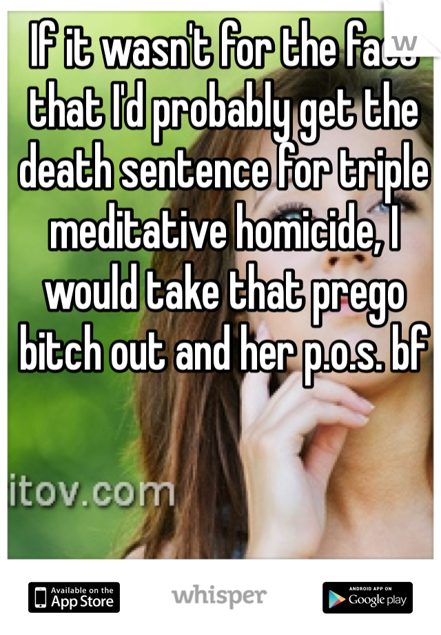 If it wasn't for the fact that I'd probably get the death sentence for triple meditative homicide, I would take that prego bitch out and her p.o.s. bf