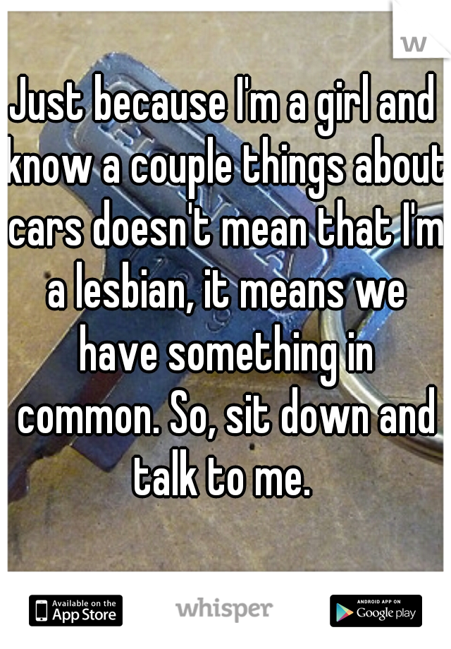Just because I'm a girl and know a couple things about cars doesn't mean that I'm a lesbian, it means we have something in common. So, sit down and talk to me. 