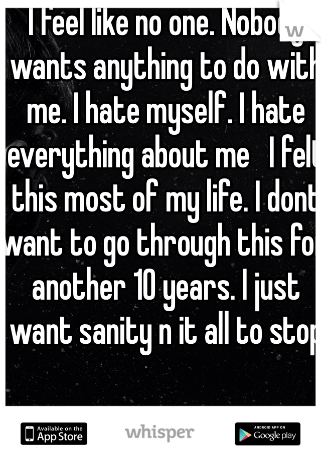I feel like no one. Nobody wants anything to do with me. I hate myself. I hate everything about me   I felt this most of my life. I dont want to go through this for another 10 years. I just want sanity n it all to stop
