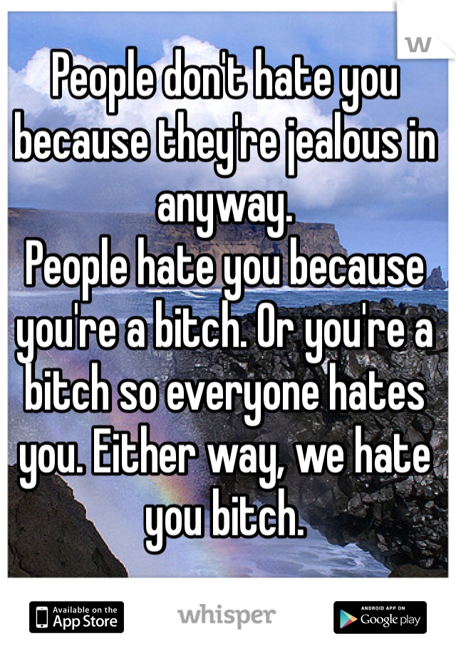 People don't hate you because they're jealous in anyway.
People hate you because you're a bitch. Or you're a bitch so everyone hates you. Either way, we hate you bitch.