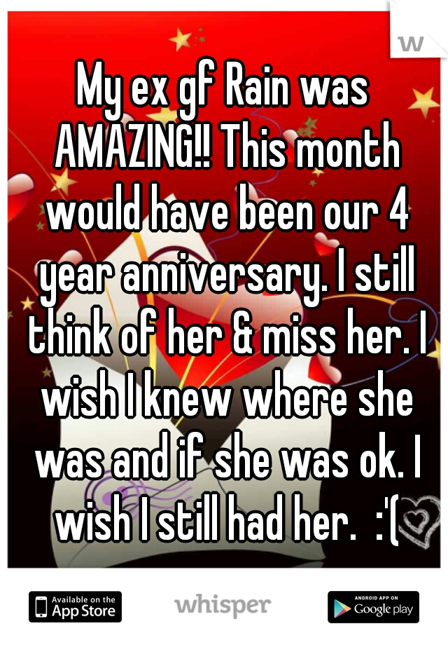 My ex gf Rain was AMAZING!! This month would have been our 4 year anniversary. I still think of her & miss her. I wish I knew where she was and if she was ok. I wish I still had her.  :'(