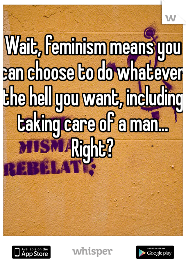 Wait, feminism means you can choose to do whatever the hell you want, including taking care of a man... Right?
