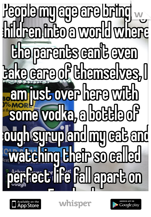 People my age are bringing children into a world where the parents can't even take care of themselves, I am just over here with some vodka, a bottle of cough syrup and my cat and watching their so called perfect life fall apart on Facebook. 