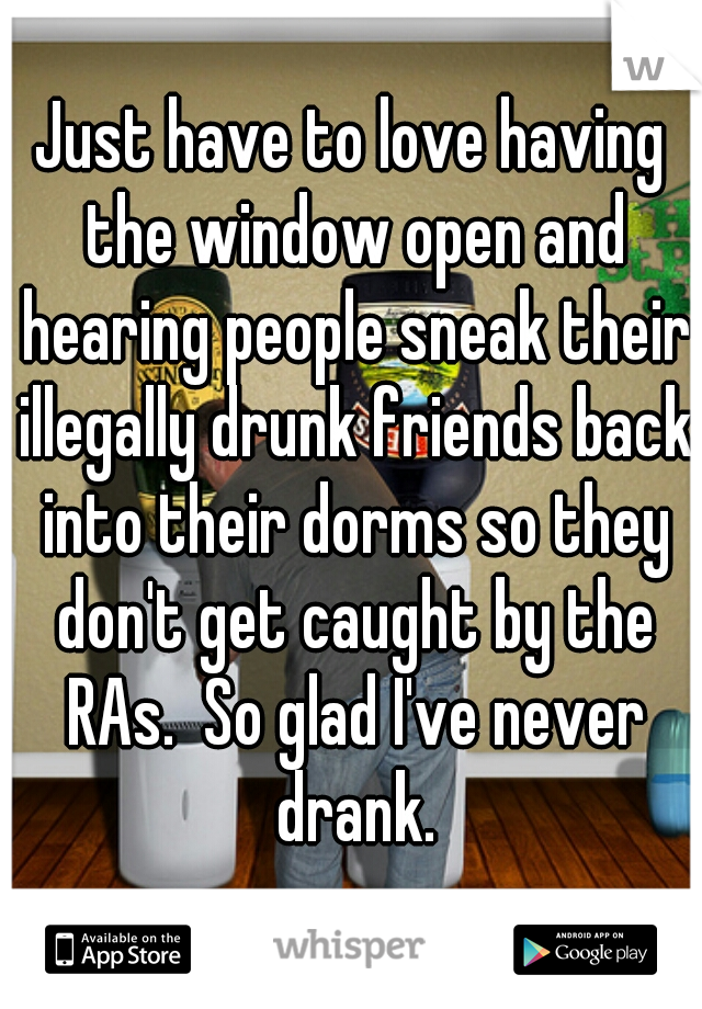 Just have to love having the window open and hearing people sneak their illegally drunk friends back into their dorms so they don't get caught by the RAs.  So glad I've never drank.