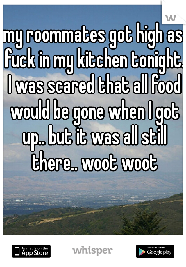 my roommates got high as fuck in my kitchen tonight. I was scared that all food would be gone when I got up.. but it was all still there.. woot woot