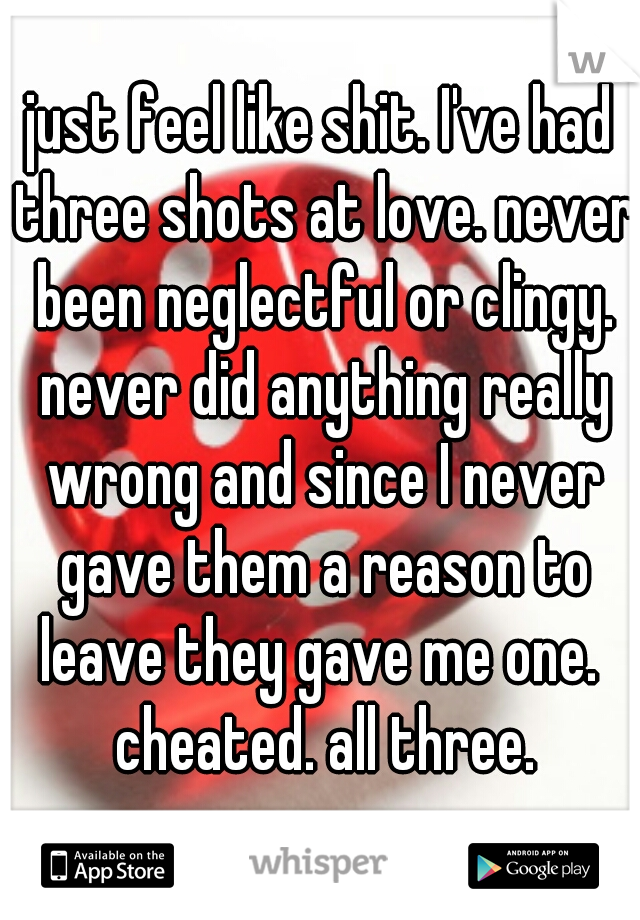 just feel like shit. I've had three shots at love. never been neglectful or clingy. never did anything really wrong and since I never gave them a reason to leave they gave me one.  cheated. all three.