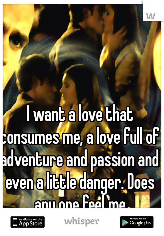 I want a love that consumes me, a love full of adventure and passion and even a little danger. Does any one feel me 
