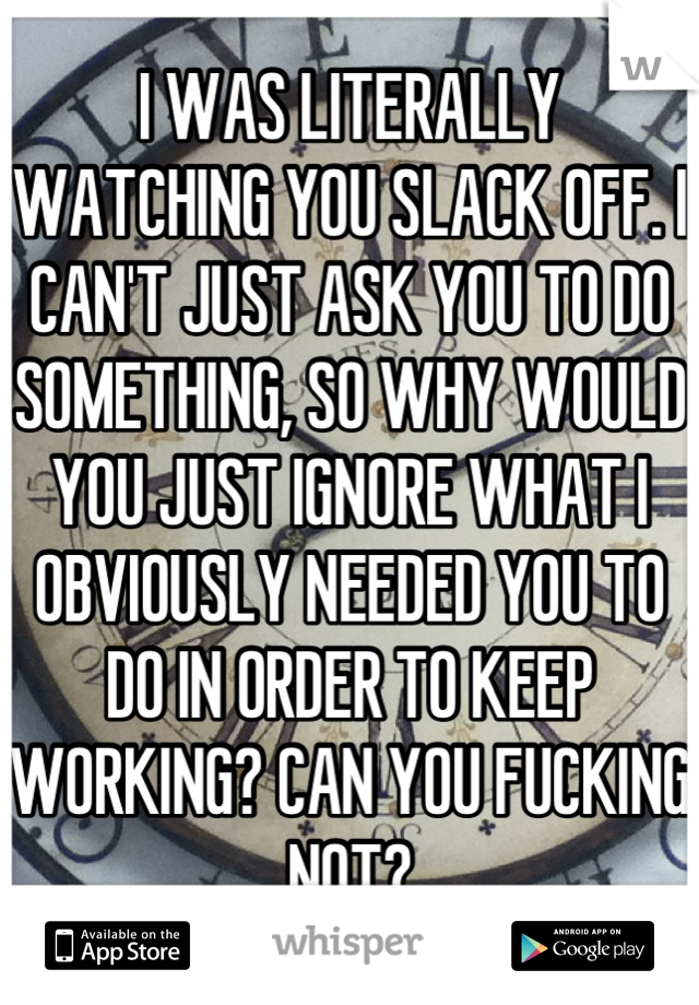 I WAS LITERALLY WATCHING YOU SLACK OFF. I CAN'T JUST ASK YOU TO DO SOMETHING, SO WHY WOULD YOU JUST IGNORE WHAT I OBVIOUSLY NEEDED YOU TO DO IN ORDER TO KEEP WORKING? CAN YOU FUCKING NOT?