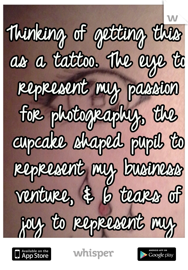 Thinking of getting this as a tattoo. The eye to represent my passion for photography, the cupcake shaped pupil to represent my business venture, & 6 tears of joy to represent my children (1 surrogacy