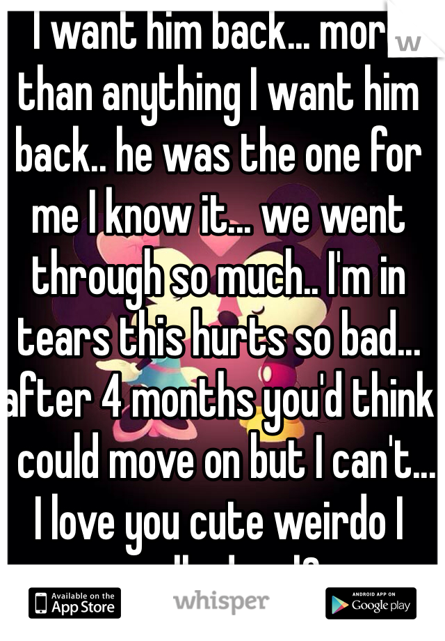 I want him back... more than anything I want him back.. he was the one for me I know it... we went through so much.. I'm in tears this hurts so bad... after 4 months you'd think I could move on but I can't... I love you cute weirdo I really do..<|3