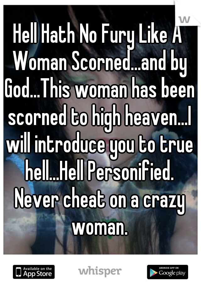 Hell Hath No Fury Like A Woman Scorned...and by God...This woman has been scorned to high heaven...I will introduce you to true hell...Hell Personified. Never cheat on a crazy woman.