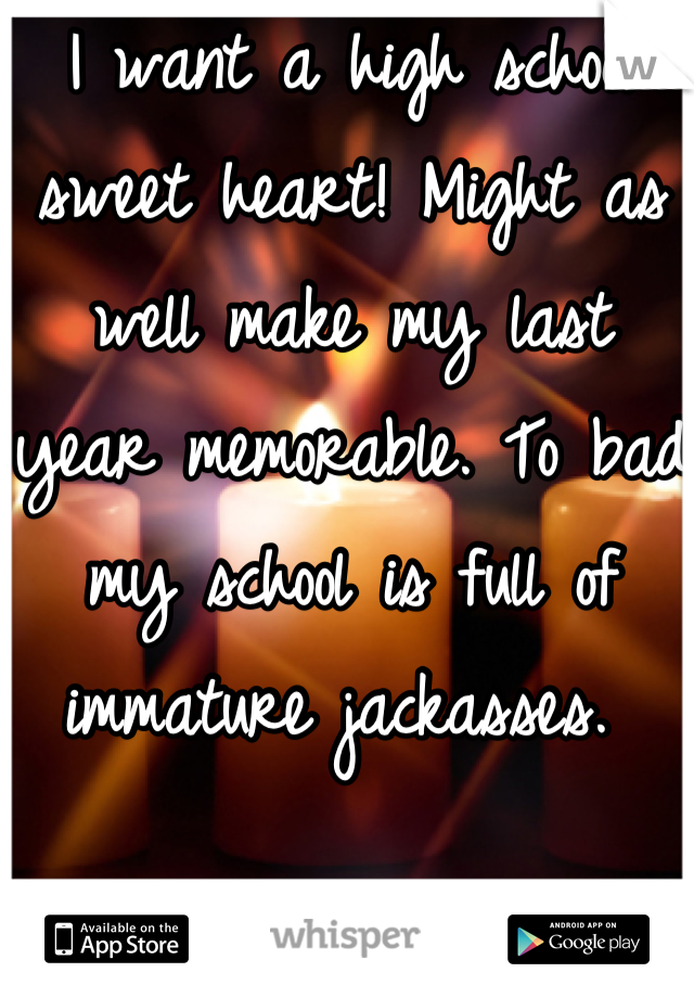 I want a high school sweet heart! Might as well make my last year memorable. To bad  my school is full of immature jackasses. 