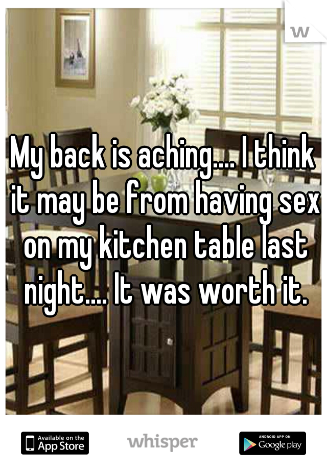 My back is aching.... I think it may be from having sex on my kitchen table last night.... It was worth it.