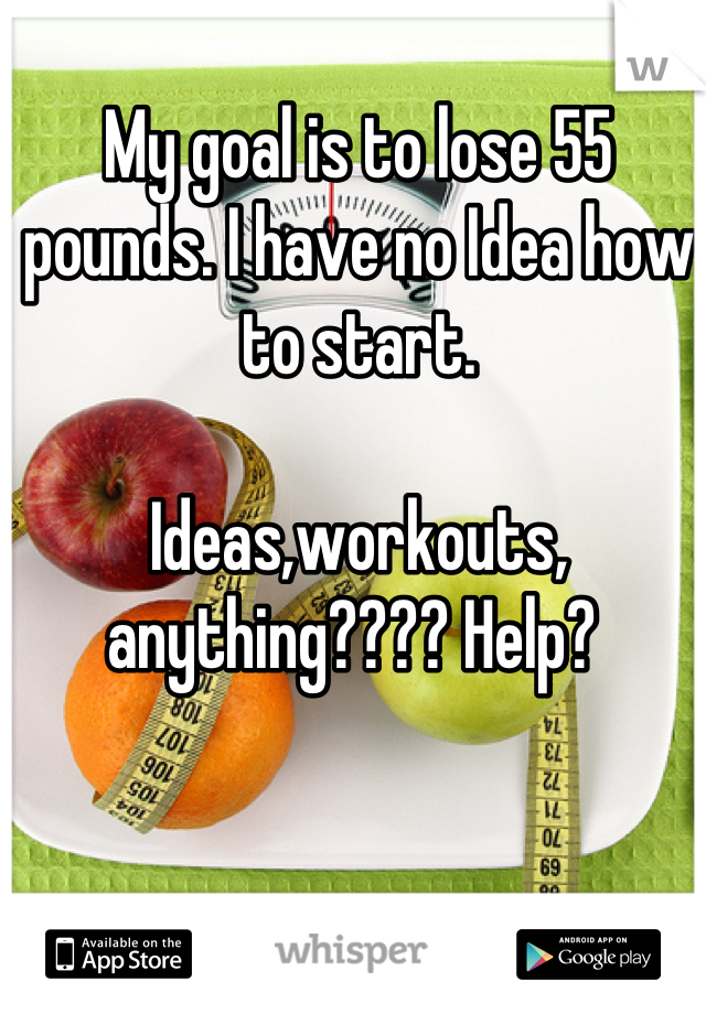 My goal is to lose 55 pounds. I have no Idea how to start. 

Ideas,workouts, anything???? Help? 
