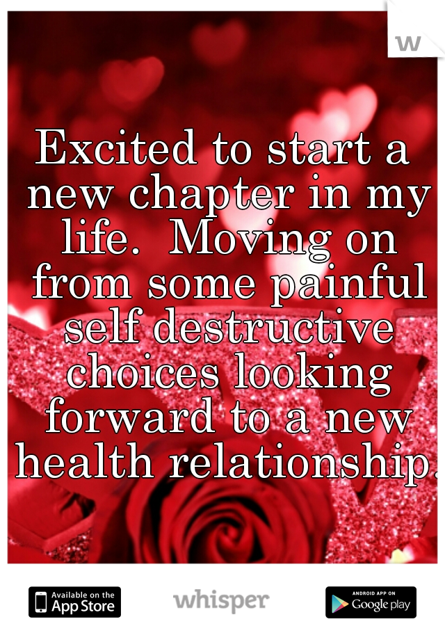 Excited to start a new chapter in my life.  Moving on from some painful self destructive choices looking forward to a new health relationship. 