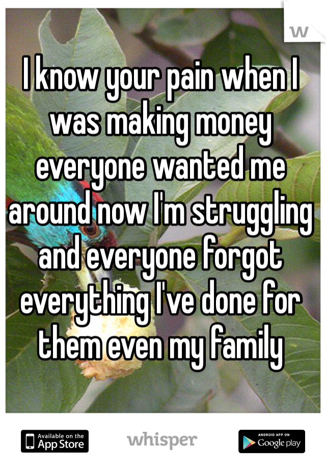 I know your pain when I was making money everyone wanted me around now I'm struggling and everyone forgot everything I've done for them even my family