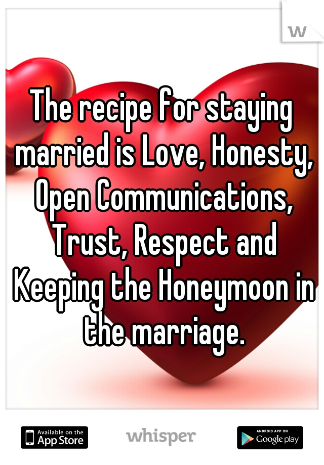 The recipe for staying married is Love, Honesty, Open Communications, Trust, Respect and Keeping the Honeymoon in the marriage.