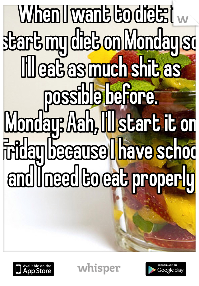 When I want to diet: i'll start my diet on Monday so I'll eat as much shit as possible before.
Monday: Aah, I'll start it on Friday because I have school and I need to eat properly 