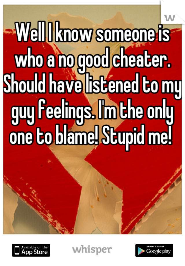 Well I know someone is who a no good cheater. Should have listened to my guy feelings. I'm the only one to blame! Stupid me! 