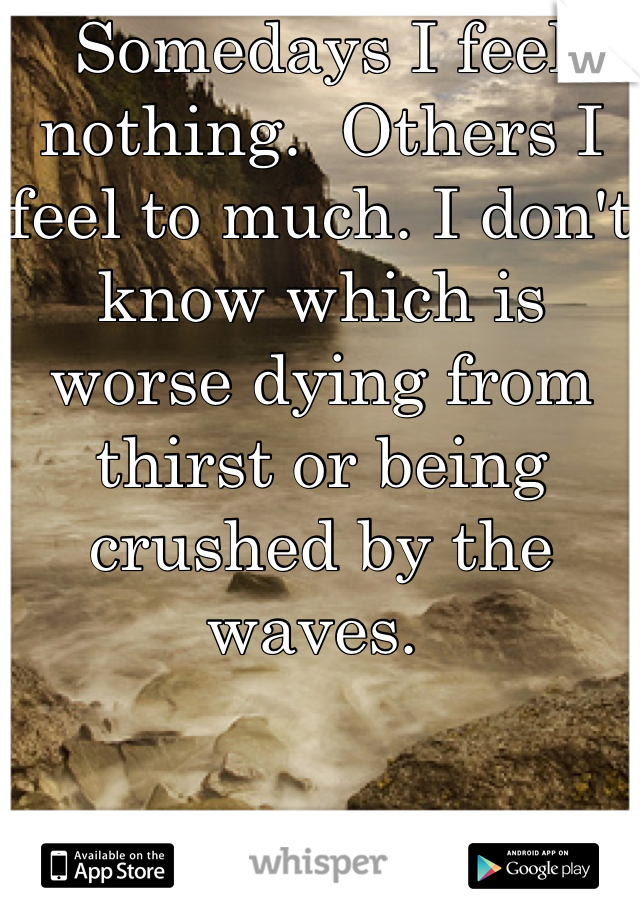 Somedays I feel nothing.  Others I feel to much. I don't know which is worse dying from thirst or being crushed by the waves. 