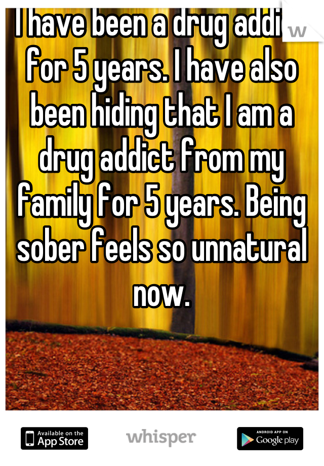I have been a drug addict for 5 years. I have also been hiding that I am a drug addict from my family for 5 years. Being sober feels so unnatural now.
