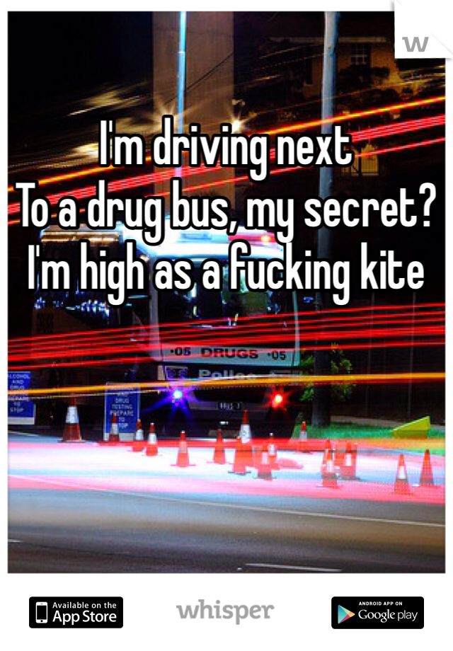 I'm driving next
To a drug bus, my secret? I'm high as a fucking kite