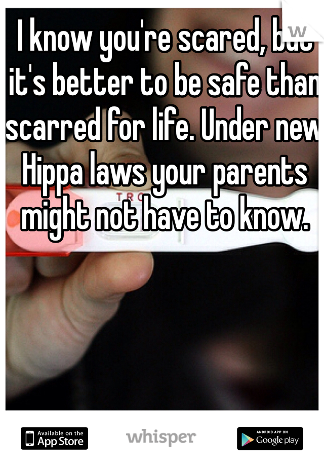 I know you're scared, but it's better to be safe than scarred for life. Under new Hippa laws your parents might not have to know. 
