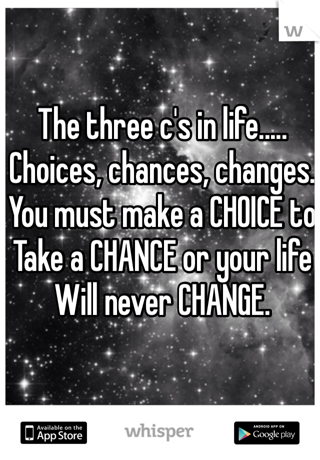 The three c's in life.....
Choices, chances, changes.
You must make a CHOICE to 
Take a CHANCE or your life
Will never CHANGE. 