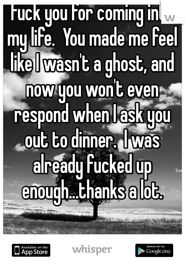Fuck you for coming into my life.  You made me feel like I wasn't a ghost, and now you won't even respond when I ask you out to dinner.  I was already fucked up enough...thanks a lot.