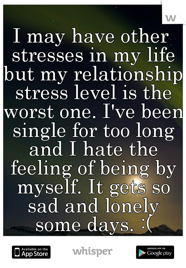 I may have other stresses in my life but my relationship stress level is the worst one. I've been single for too long and I hate the feeling of being by myself. It gets so sad and lonely some days. :(