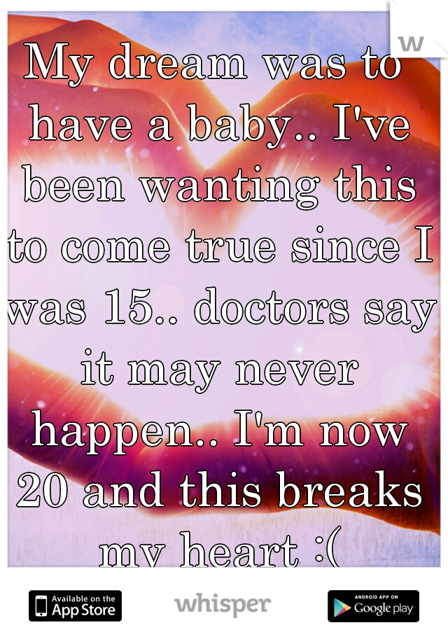 My dream was to have a baby.. I've been wanting this to come true since I was 15.. doctors say it may never happen.. I'm now 20 and this breaks my heart :(