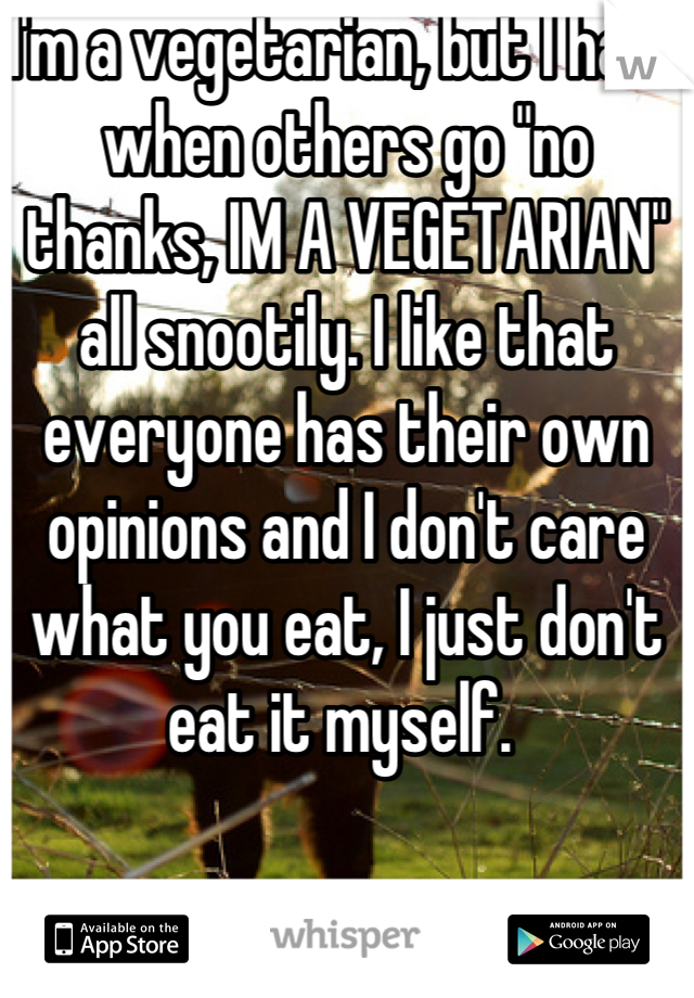 I'm a vegetarian, but I hate when others go "no thanks, IM A VEGETARIAN" all snootily. I like that everyone has their own opinions and I don't care what you eat, I just don't eat it myself. 