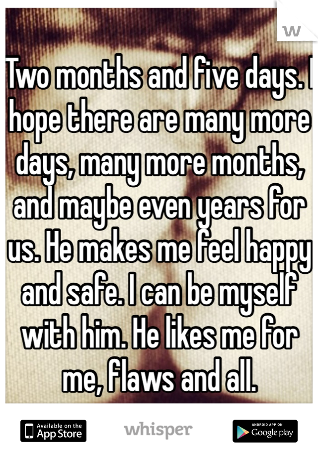 Two months and five days. I hope there are many more days, many more months, and maybe even years for us. He makes me feel happy and safe. I can be myself with him. He likes me for me, flaws and all.