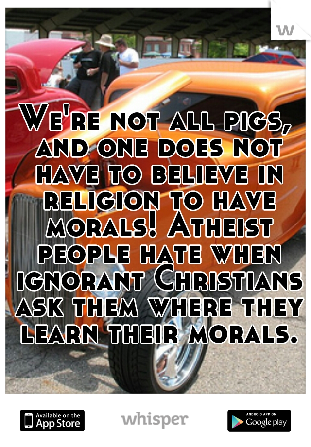 We're not all pigs, and one does not have to believe in religion to have morals! Atheist people hate when ignorant Christians ask them where they learn their morals.