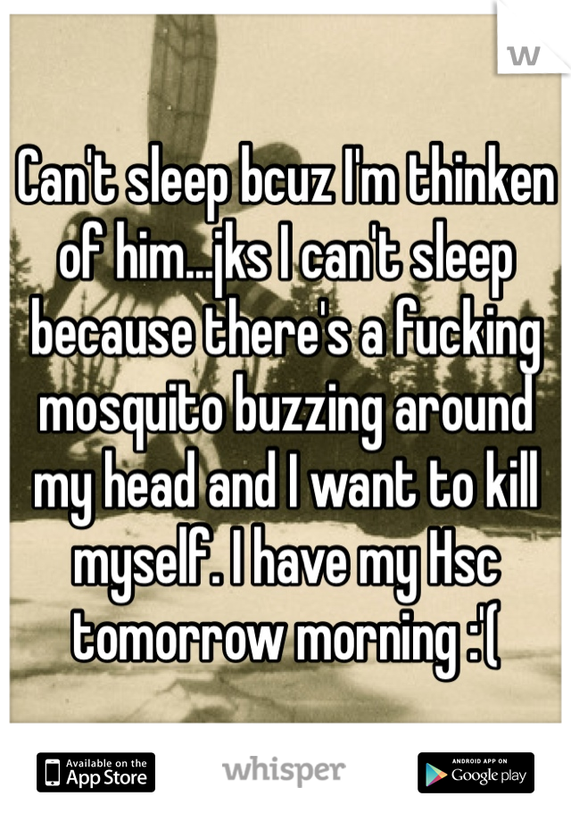 Can't sleep bcuz I'm thinken of him...jks I can't sleep because there's a fucking mosquito buzzing around my head and I want to kill myself. I have my Hsc tomorrow morning :'(