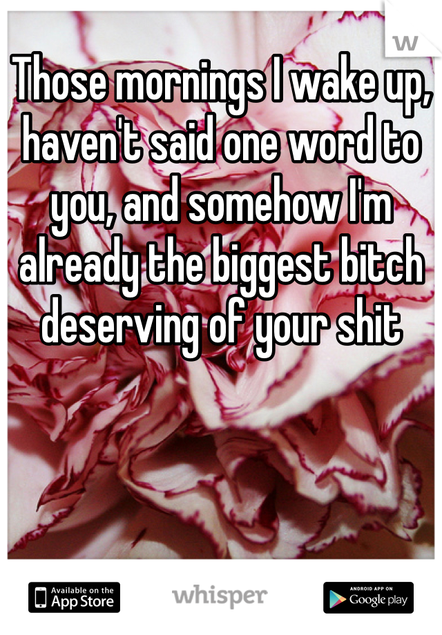Those mornings I wake up, haven't said one word to you, and somehow I'm already the biggest bitch deserving of your shit