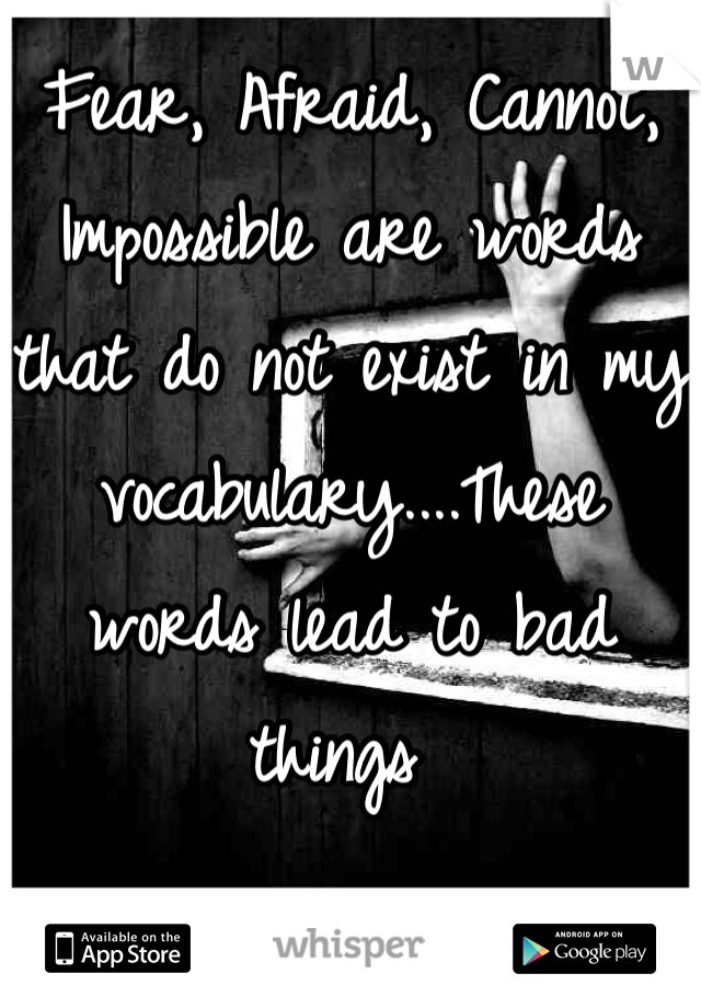 Fear, Afraid, Cannot, Impossible are words that do not exist in my vocabulary....These words lead to bad things 