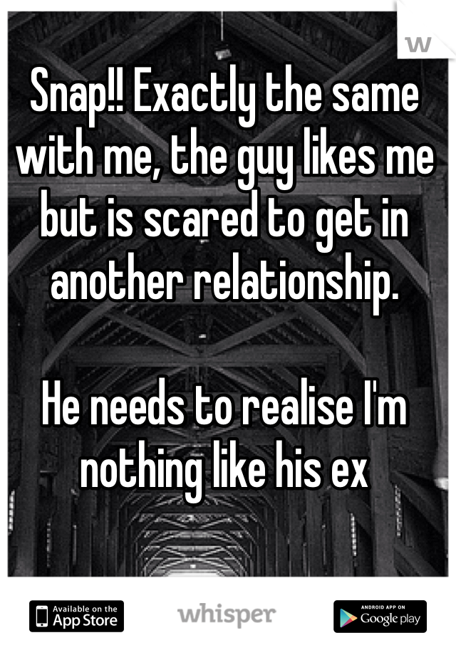 Snap!! Exactly the same with me, the guy likes me but is scared to get in another relationship.

He needs to realise I'm nothing like his ex