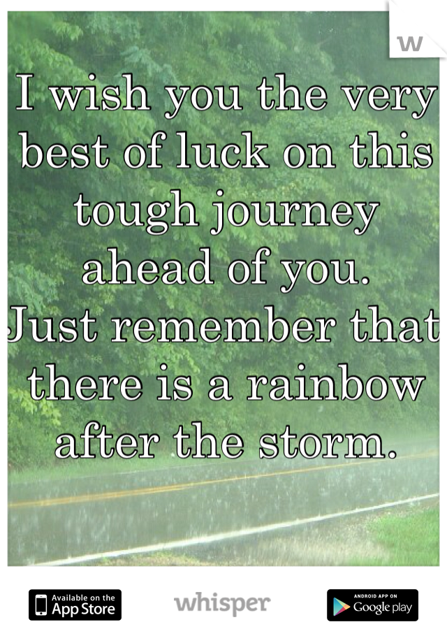 I wish you the very best of luck on this tough journey ahead of you.
Just remember that there is a rainbow after the storm.
