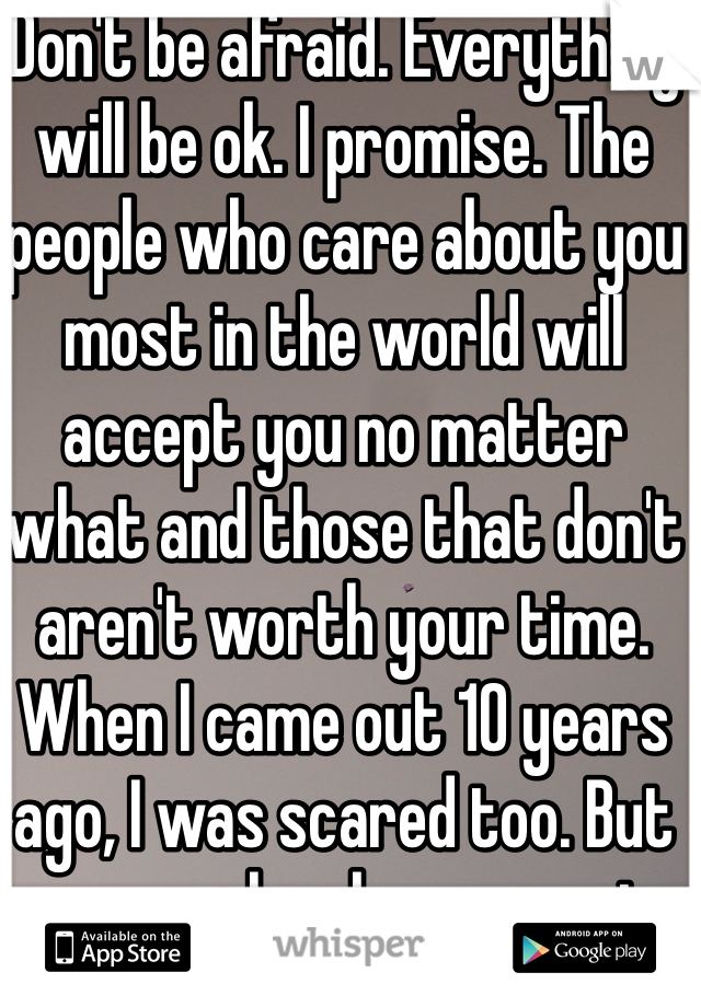 Don't be afraid. Everything will be ok. I promise. The people who care about you most in the world will accept you no matter what and those that don't aren't worth your time. When I came out 10 years ago, I was scared too. But everyone has been amazing