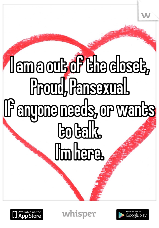 I am a out of the closet,
Proud, Pansexual.
If anyone needs, or wants to talk.
I'm here.
