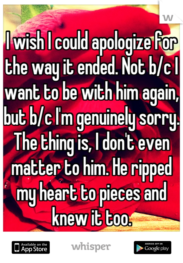I wish I could apologize for the way it ended. Not b/c I want to be with him again, but b/c I'm genuinely sorry. The thing is, I don't even matter to him. He ripped my heart to pieces and knew it too.