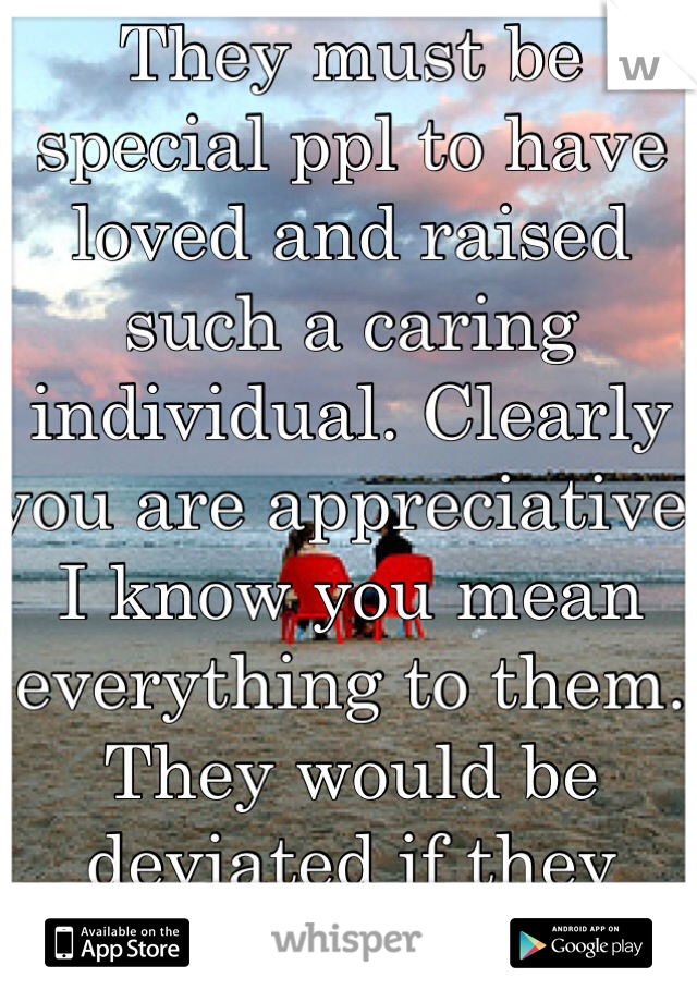 They must be special ppl to have loved and raised such a caring individual. Clearly you are appreciative. I know you mean everything to them. They would be deviated if they knew you felt that way. 