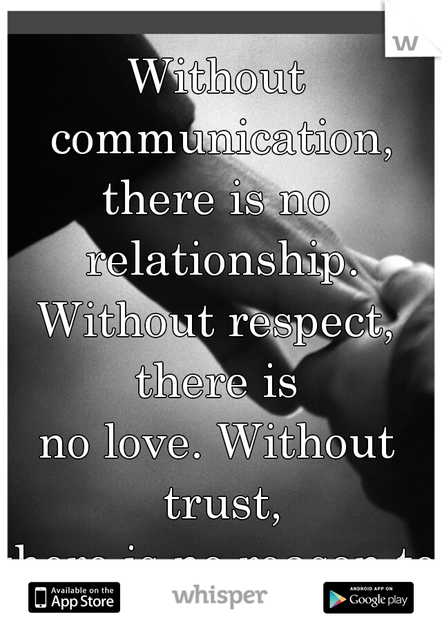 Without communication,
there is no relationship.
Without respect, there is 
no love. Without trust,
there is no reason to
CONTINUE. 