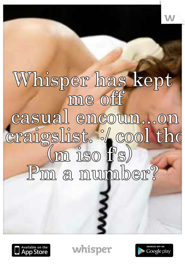 Whisper has kept me off casual	encoun...on craigslist. :/ cool tho
(m iso f's) 
Pm a number?
