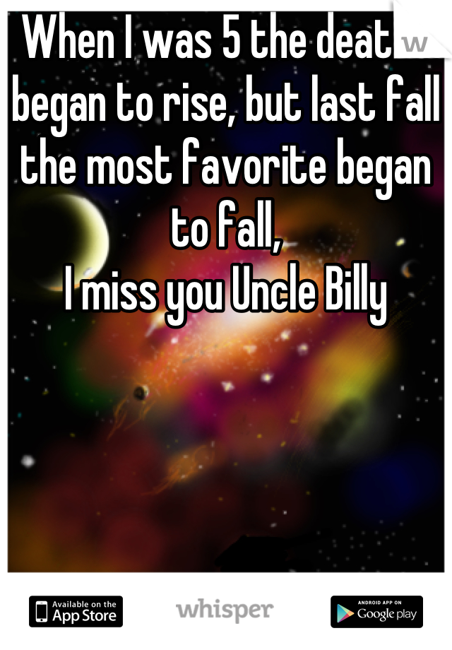 When I was 5 the deaths began to rise, but last fall the most favorite began to fall,
I miss you Uncle Billy
